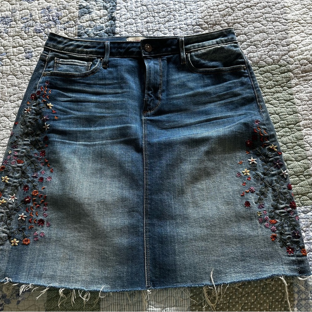 DRIFTWOOD Blue Denim Skirt with Floral Embroidery
